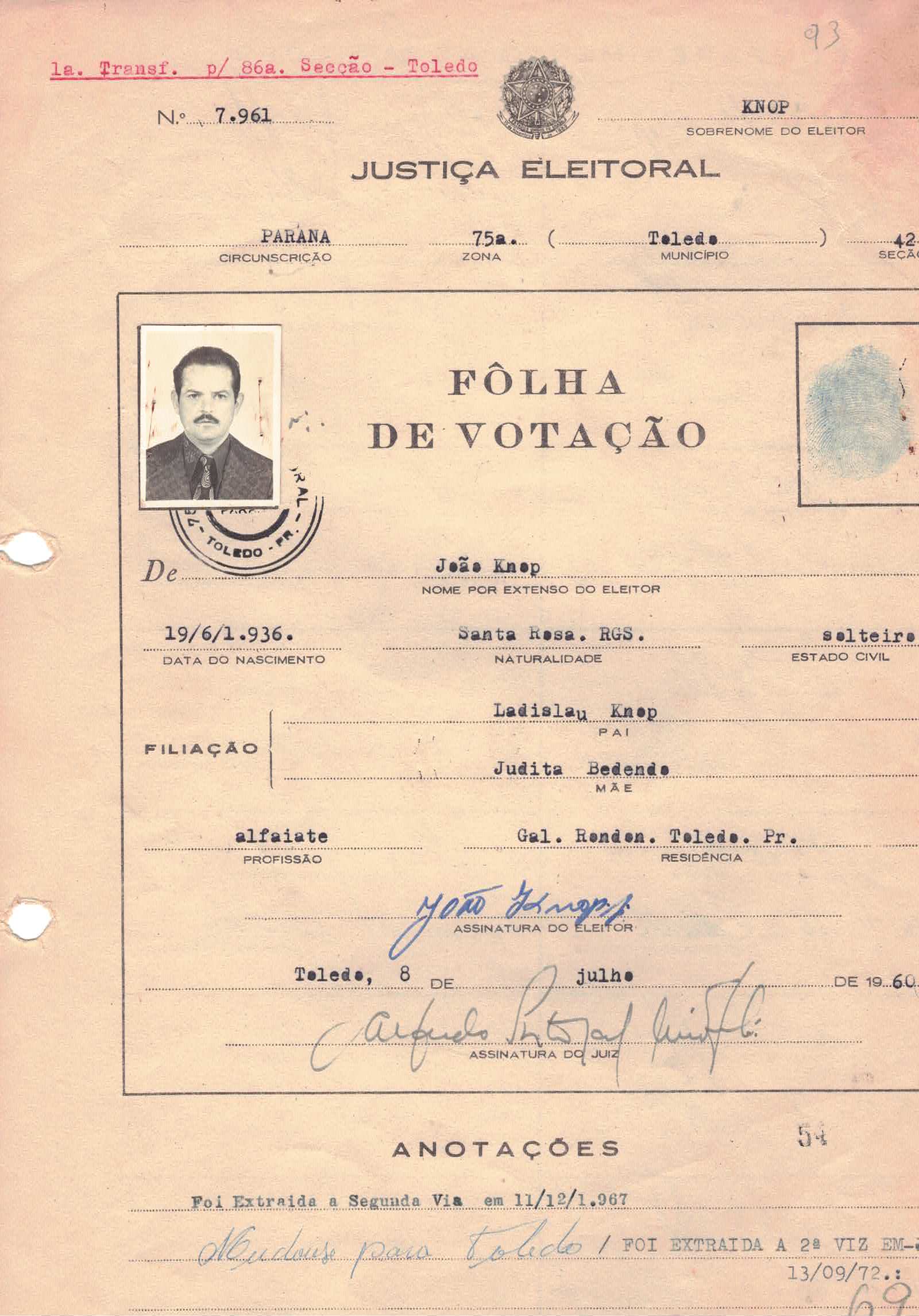 Cédula de eleitor — Knop Joao