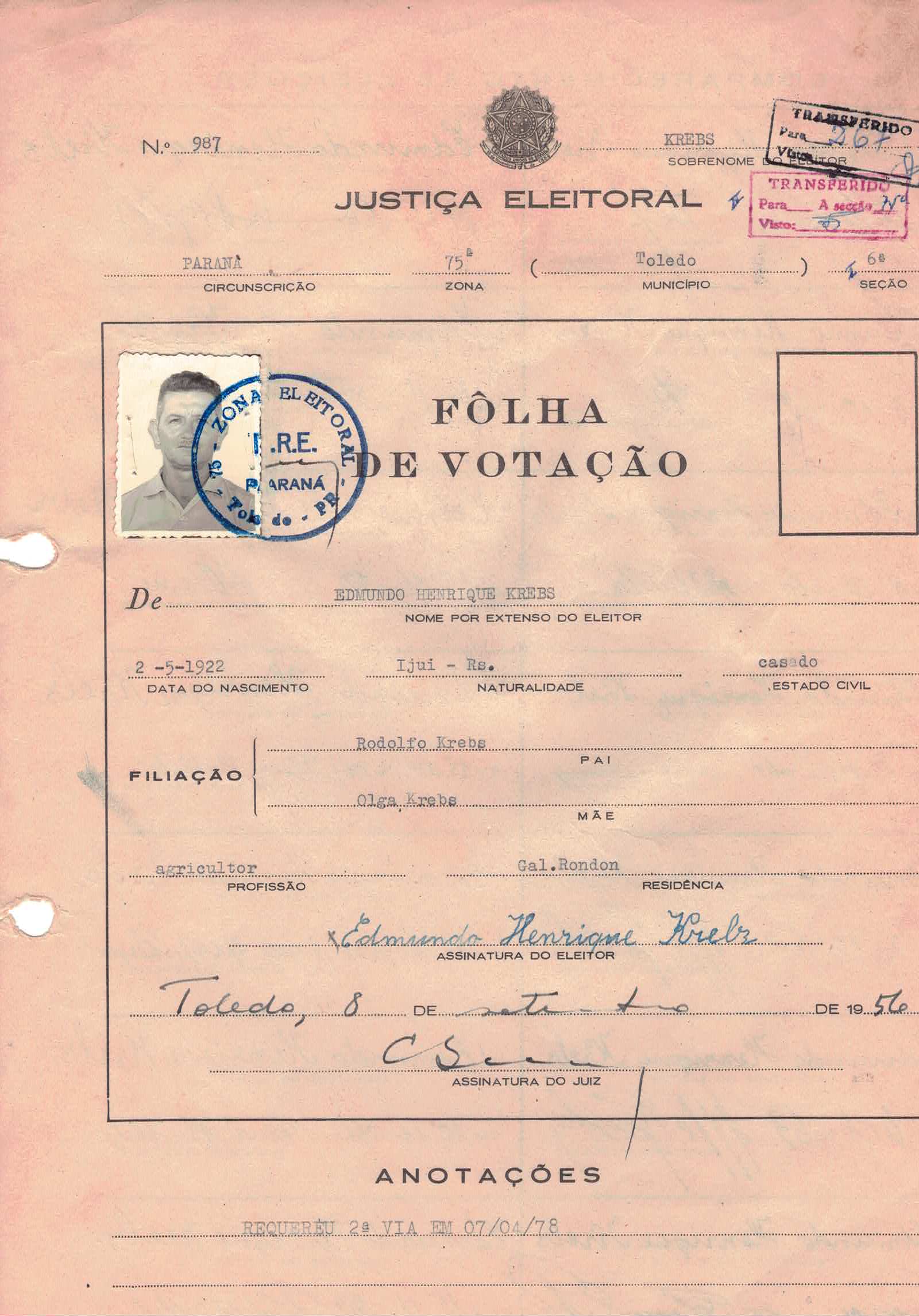 Cédula de eleitor — Krebs Edmundo Henrique
