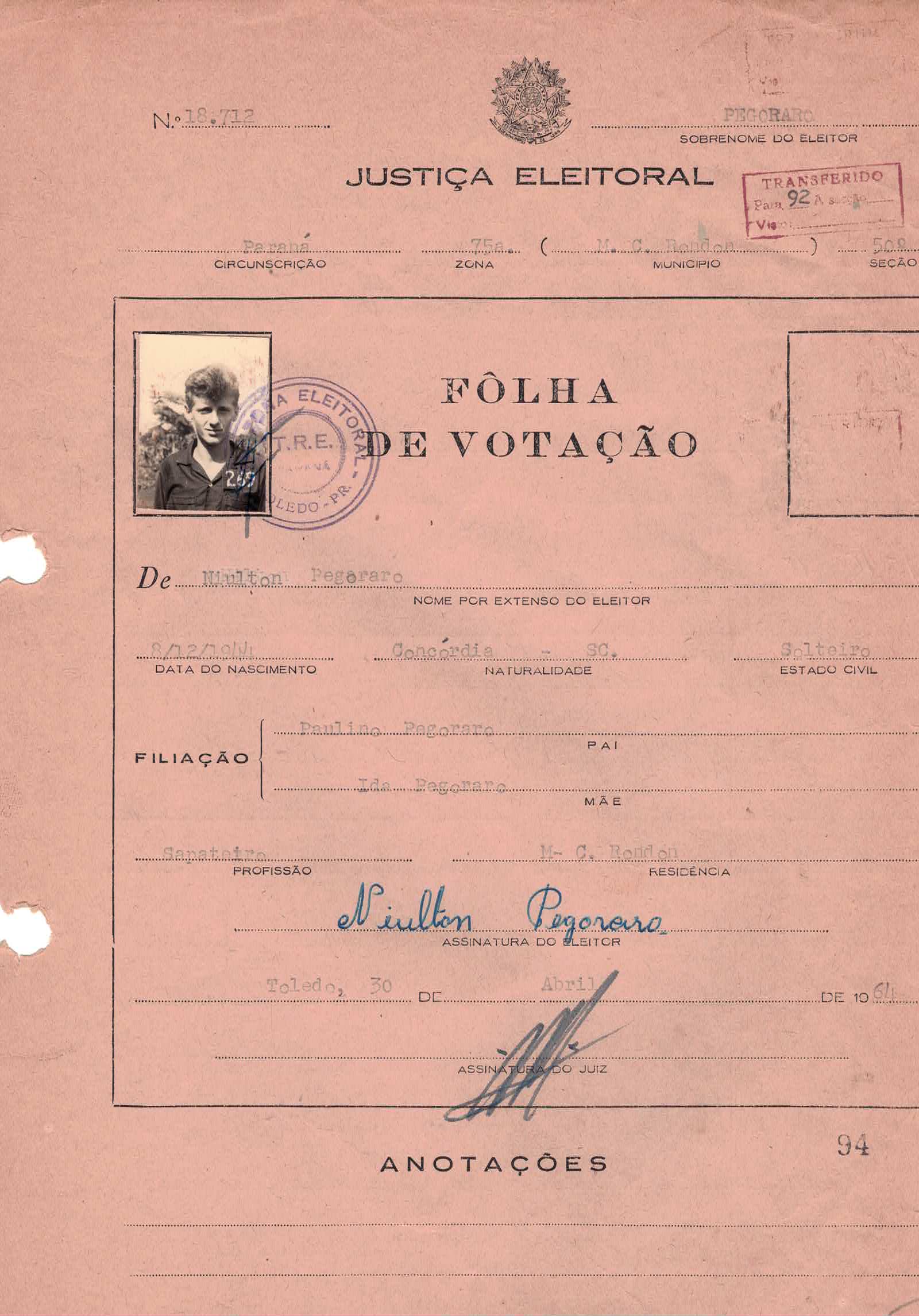 Cédula de eleitor — Pegoraro Niulton
