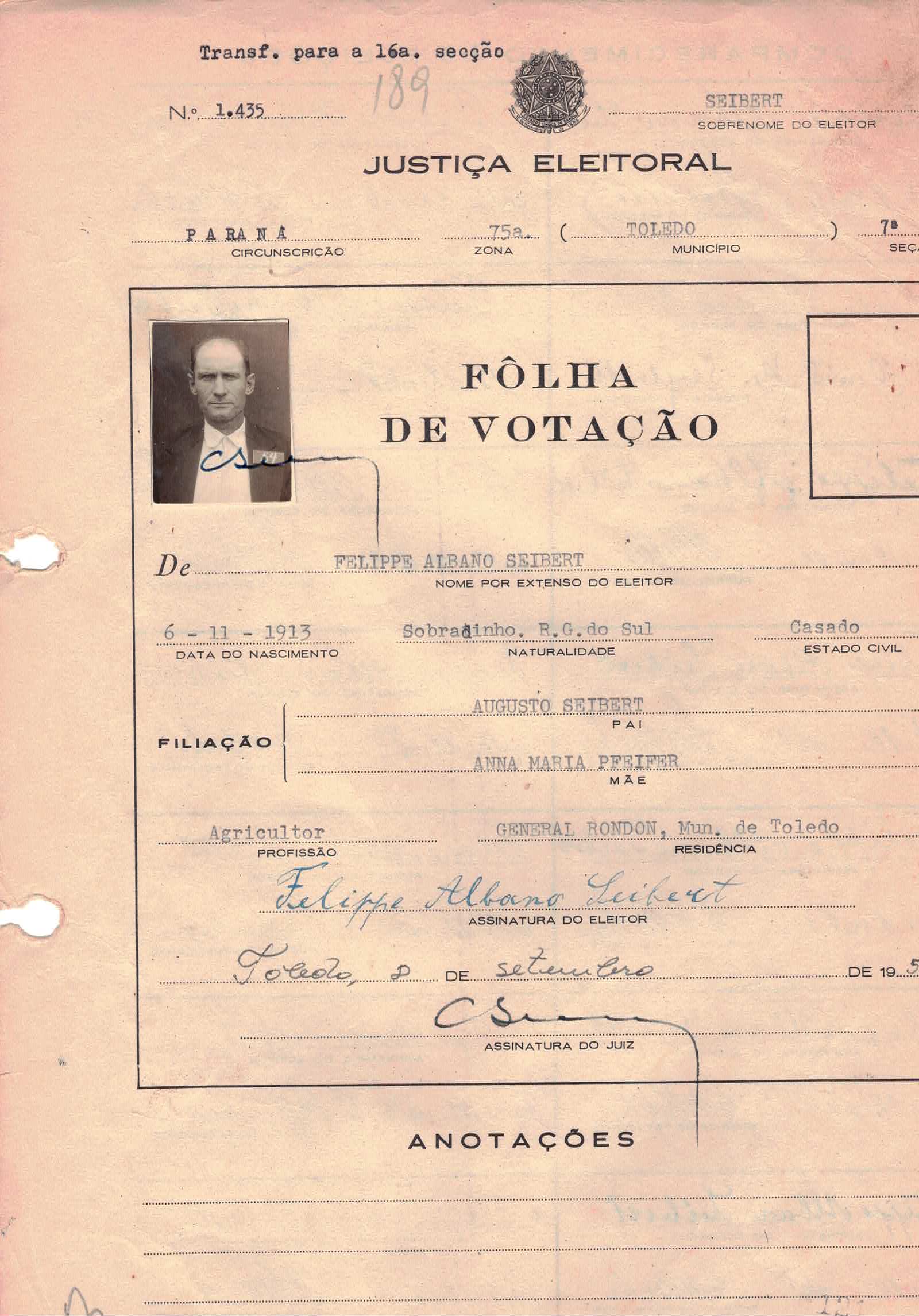 Cédula de eleitor — Seibert Felippe Albano