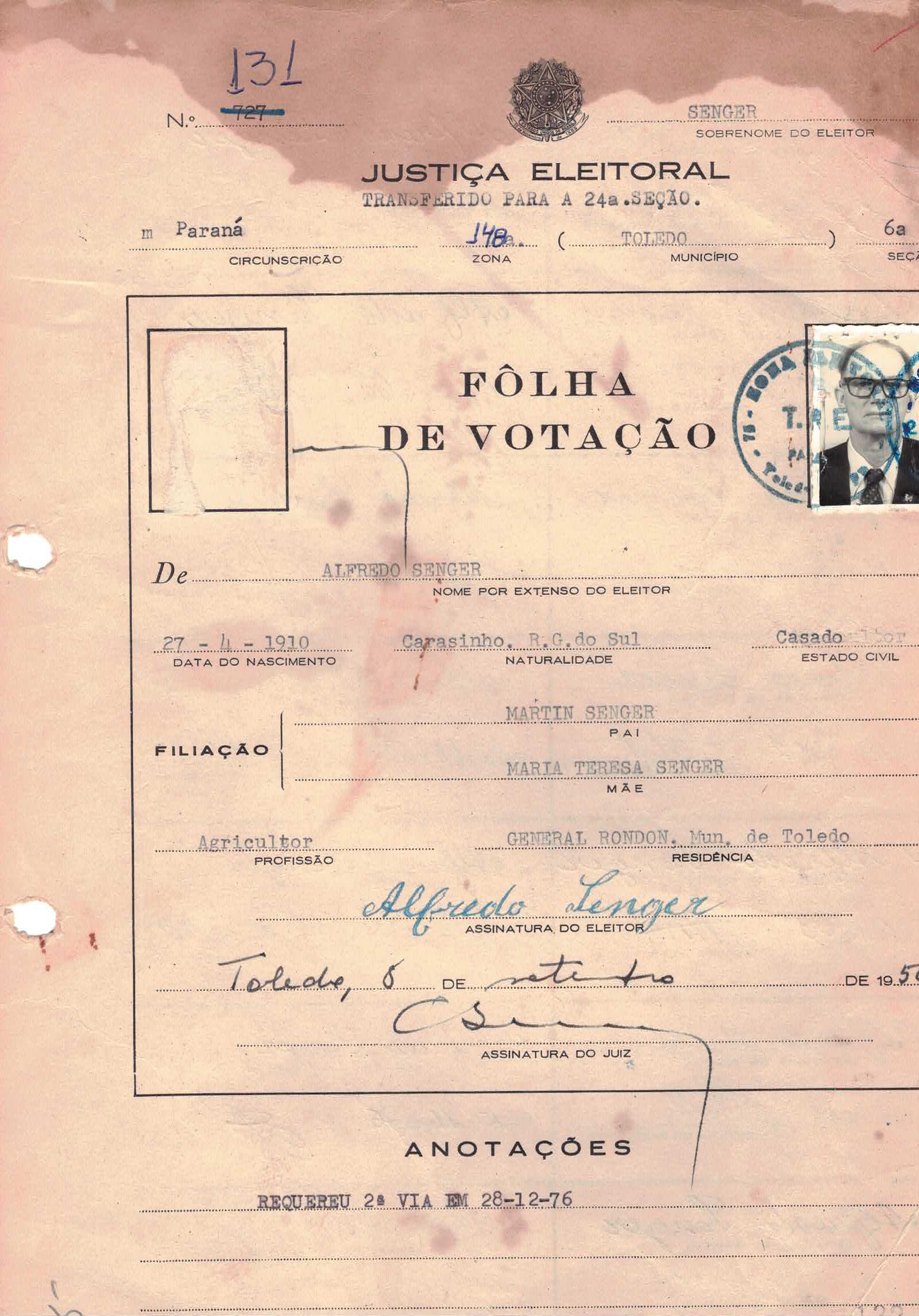 Cédula de eleitor — Senger Alfredo