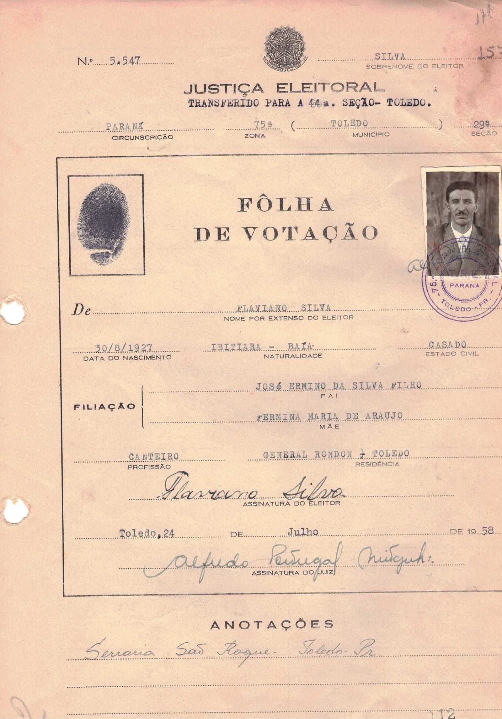 Cédula de eleitor — Silva Flaviano