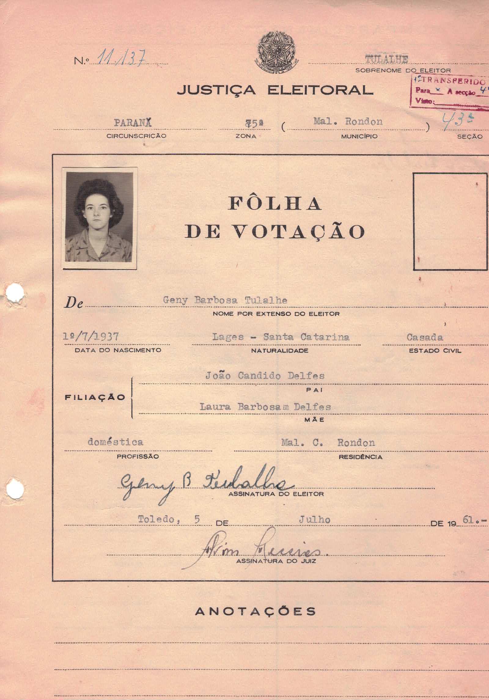 Cédula de eleitor — Tulalhe Geny Barbosa