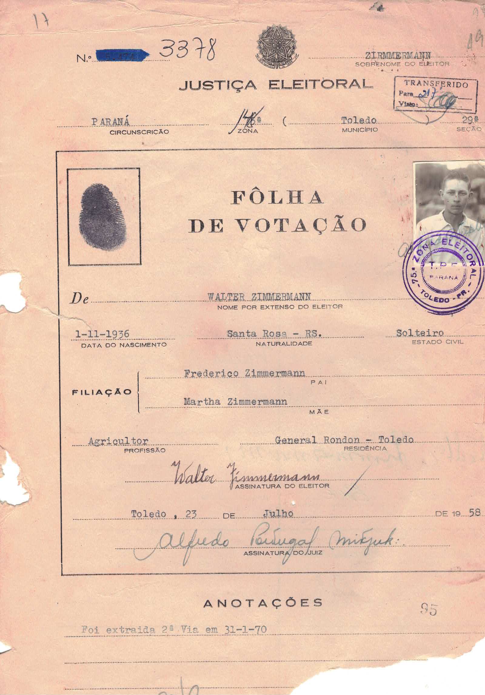 Cédula de eleitor — Zimmermann Walter