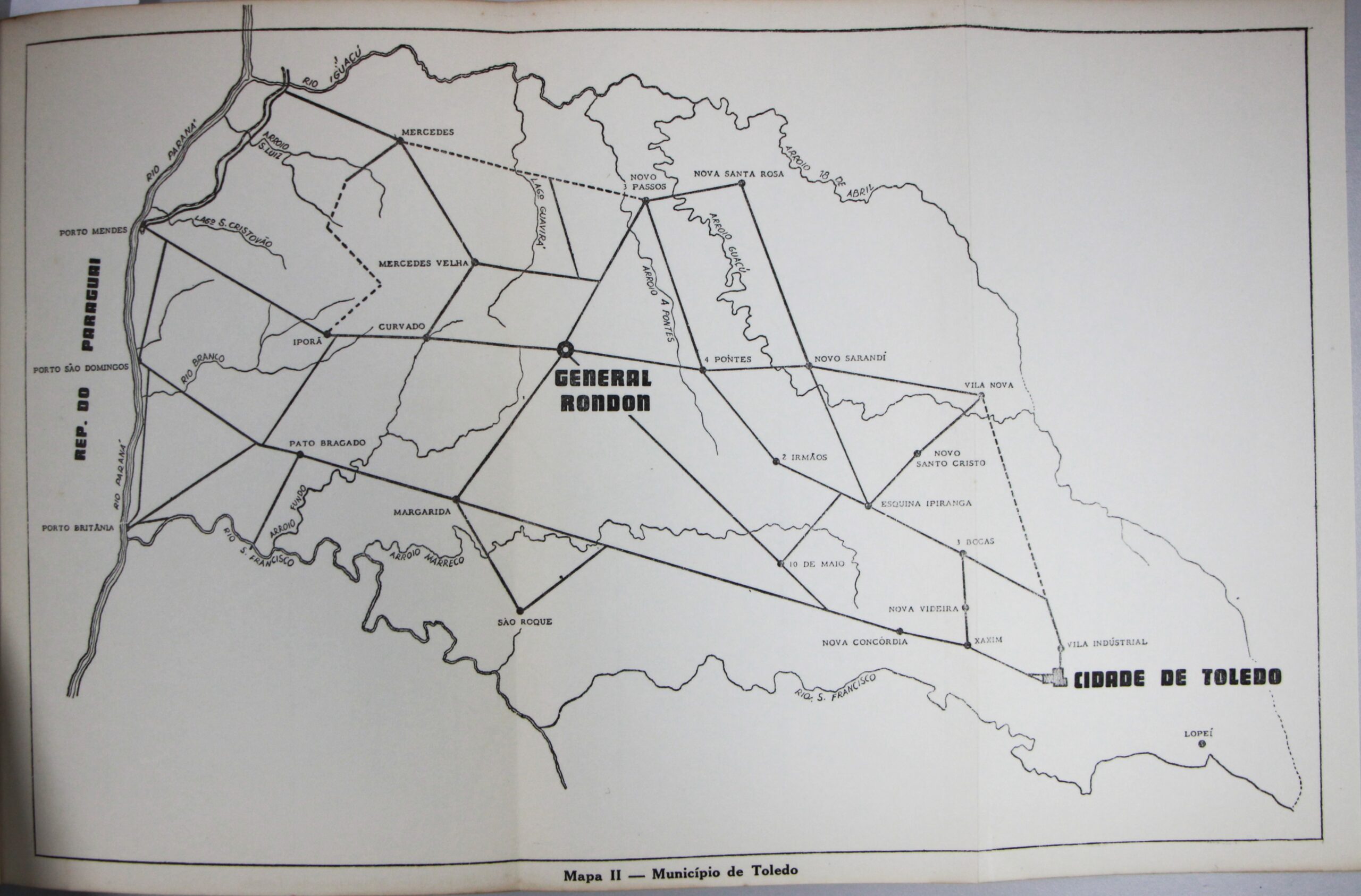 Mapa antigo da região de colonização, com os núcleos de Porto Mendes, General Rondon e vizinhança